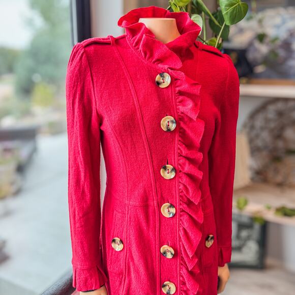Luii Anthropologie Red Wool Ruffled Button Up Autumn Jacket Dress, Women's Small - Picture 2 of 13